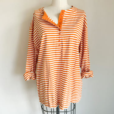 Vintage 1990s Orange & White Striped Henley Top / plus size 