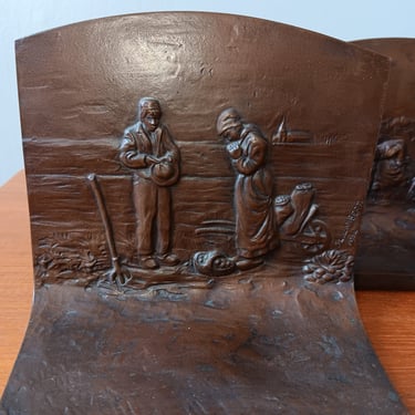 JL Lambert 1914 Bronze Bookends Harvest Prayer by Griffoul 