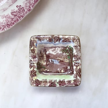 Vintage English Ashtray Antique Transferware English Countryside Trinket Dish Newcastle on Tyne  Castle Cows Pasture Leaves China Stoneware 