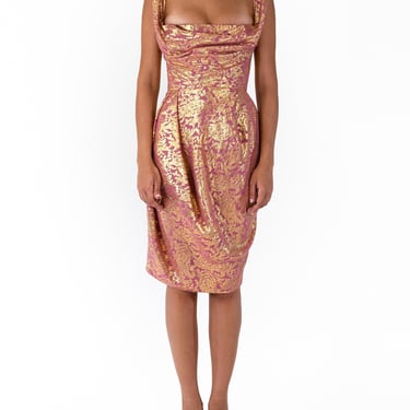 2000S Vivienne Westwood Pink  Gold Silk Lurex Lamé Corseted Cocktail Dress 