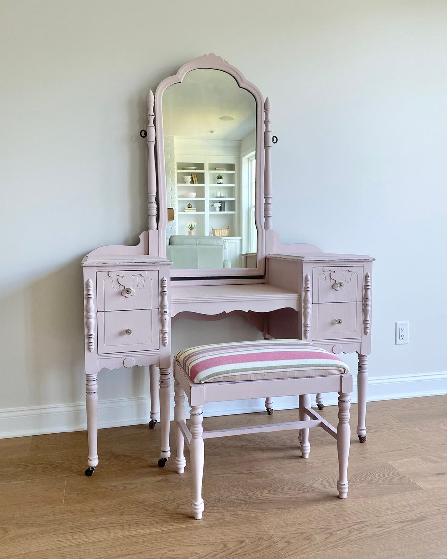 NEW - Vintage Pink Vanity with Swivel Mirror, Antique Vanity, | Forever ...