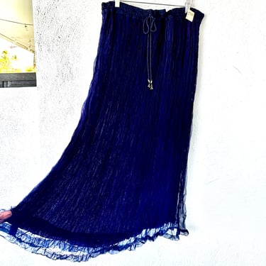 Vintage 90s Boho Gauze Crinkle Skirt // 1990s Minimalist Blue Wrinkle Maxi Crinkled Skirt 