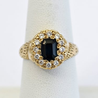 80's sapphire diamond halo 14k gold size 7.5 statement, Byzantine style bling cocktail ring 