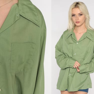 70s Green Shirt Dagger Collar Shirt Button Up Shirt Long Sleeve Top Disco Shirt Retro Plain Seventies Vintage 1970s Collared Oxford 2xl xxl 