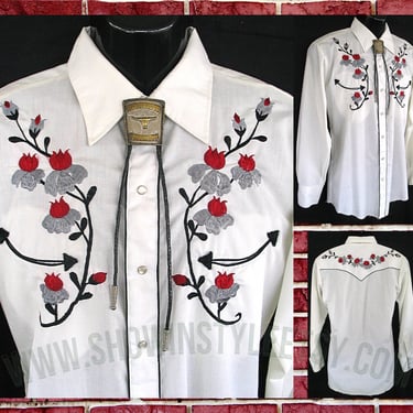Chute #1 Vintage Western Men's Cowboy & Rodeo Shirt, White with Embroidered Red and Silver Flowers, Approx. Medium (see measurements) 