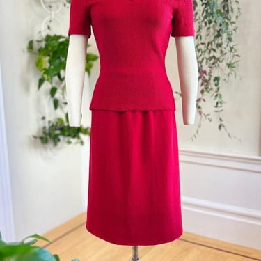 Vintage 1950s Knit Set | 50s Red Wool Sweater Top Pencil Skirt Two Piece Matching Outfit | small/medium 