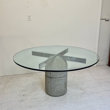 Vintage Saporiti Italia Round Dining Table - Concrete Column with Chrome Supports and Glass Top 