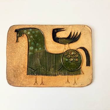 Mid Century Horse and Bird Art Pottery Wall Hanging by Bertil Vallien 