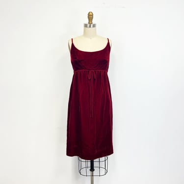 Vintage 50s Deep Red Velvet Slip Dress | Regencycore Simple Low Back Dress | Spaghetti Straps | Size 9 