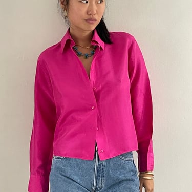 90s silk blouse / vintage fuchsia magenta barbie pink crisp silk dupioni cropped petite fit blouse shirt | Medium 