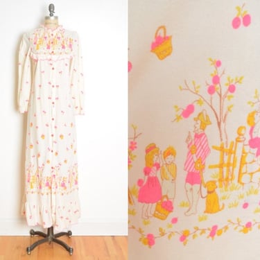 vintage 70s nightgown dress cottage core novelty print pink floral maxi XS S clothing 