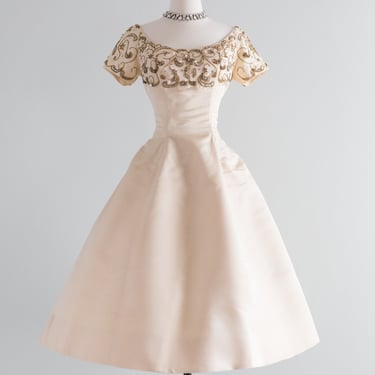 1950's Ivory Peau De Soie Beaded Evening Dress By Ceil Chapman / Waist 26