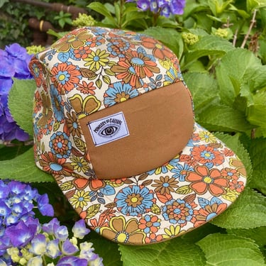 Handmade 5 Panel Camp Hat, Flower Power Baseball Cap, Moldable Brim five panel hat, Snap Back, 5panel hat, gift for her, in Orange and Blue 