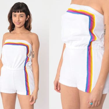 Terry Cloth Romper 70s 80s Rainbow Striped Strapless Playsuit White Romper Shorts Summer High Waisted One Piece Vintage 1970s Small xs 