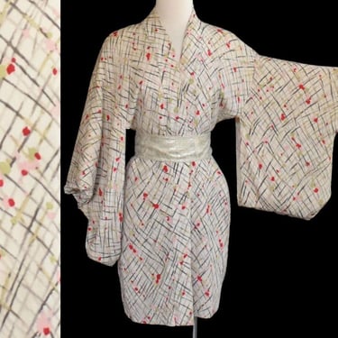 Vintage 30s Silk Short Kimono Robe, Japanese Haori, Geometric Print on Creme, Japan, Size S Small 