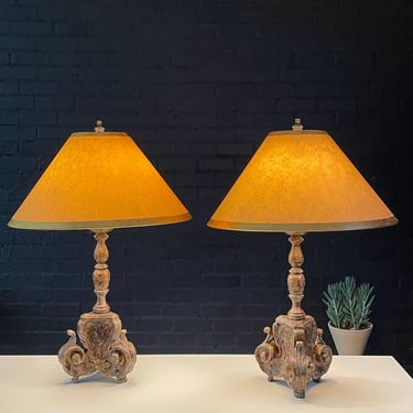 Pair of Italian Rococo Style Carved Wood Lamps, c.1940’s 