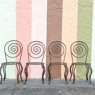 Set of Four Whimsical Circle Back Wrought Iron Chairs