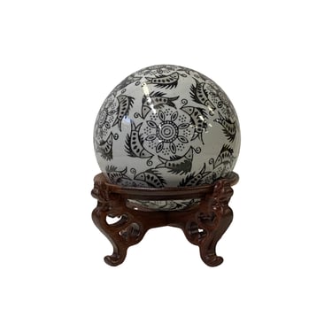 White Base Black Artistic Fishes Floral Porcelain Round Ball Display Art ws3806E 
