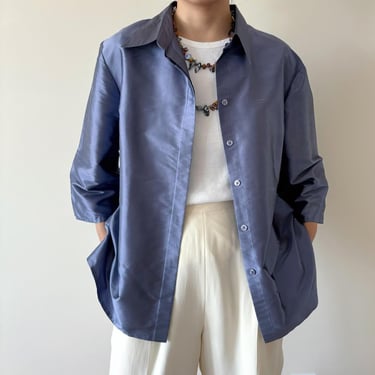 vintage silk blouse silk duster silk jacket button down vintage top metallic satin blouse textured minimalist capsule wardrobe purple size L 