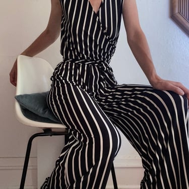 vintage black and white striped wide leg jumpsuit womens medium 