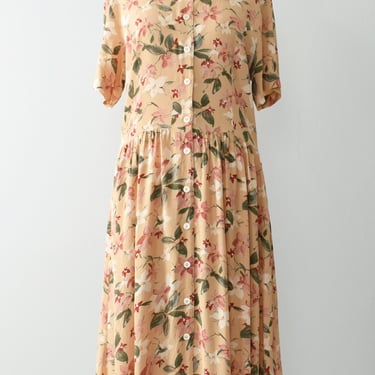 vintage floral midi dress, 90s button front dress 
