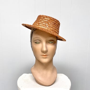 Vintage 1940s Straw Tilt Hat, 40s Natural Woven Boater, Small Hat 