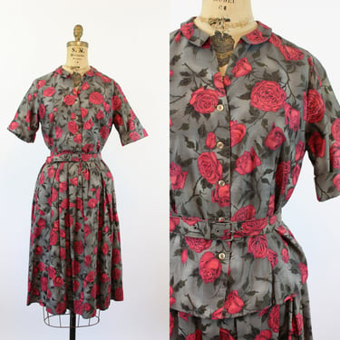 1950s rose print cotton TOP SKIRT BELT xs | new spring 