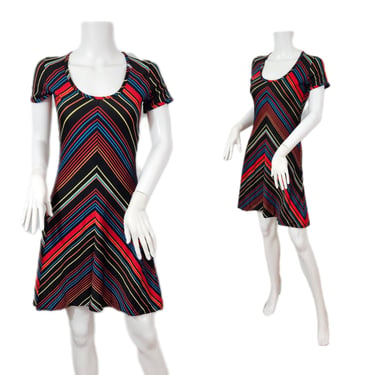 1970S Mitered Rainbow Stripe Black Poly Mini Dress I Sz Sm I Chevron Stripe 