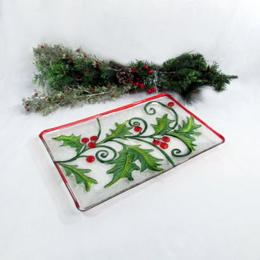 Beautiful Christmas Holly and Berry 3-D Glass Tray- Raised Design Bright Colors 