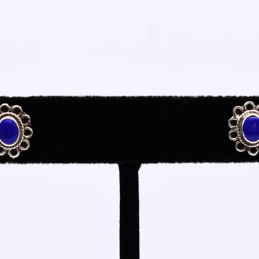 70's sterling lapis lazuli Southwestern flower studs, small blue stone 925 silver tribal hippie earrings 