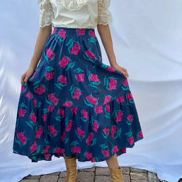 Vintage Laura Ashley Skirt / Tiered Folk Skirt / Cottage Core Blue and Pink Floral Skirt 