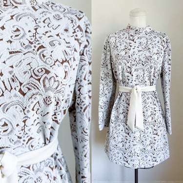 Vintage White & Brown Floral Shift Dress / M 