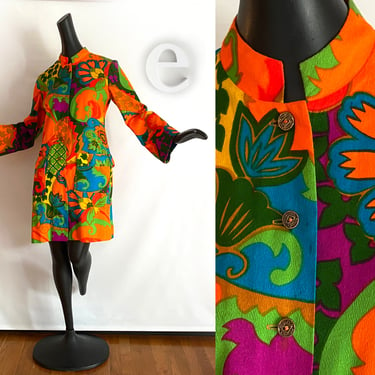 Vintage Nehru Hawaiian Coat Dress | Rare MOD 60s 70s Mandarin Collar Bell Sleeve Neon Psychedelic | Tiki Oasis Hippie Boho Beach Wedding 