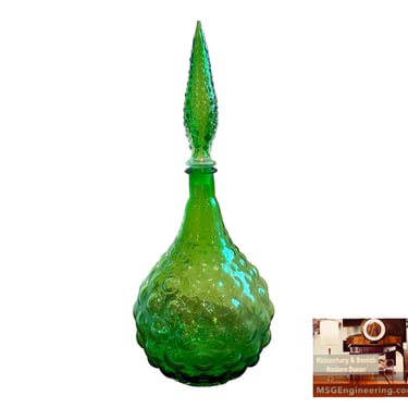 Green Large Bubble Midcentury Glass Genie Decanter with Stopper attributed to Empoli - Free Shipping 