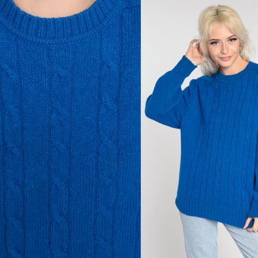 Blue Cable Knit Sweater 80s Wool Pierre Cardin Knit Sweater Preppy Crewneck Pullover Cableknit 1980s Jumper Cozy Vintage Large 