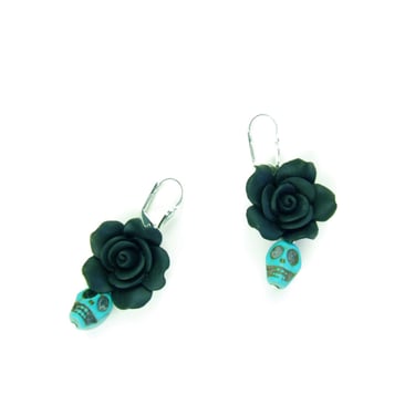 Handmade Polymer Clay Black Flowers and Blue Skulls Earrings 