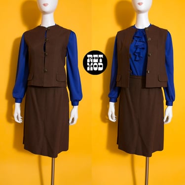 Lovely Vintage 60 Dark Brown Linen Style 2-Piece Skirt & Vest Set 
