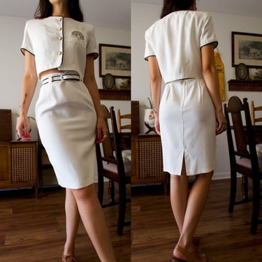Vintage 1980s Francine Browner Petites Embroidered Seashell White Two-Piece Skirt Suit Set 