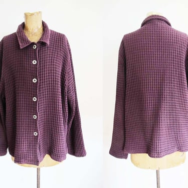 Vintage 90s Waffle Knit Cotton Cardigan M L - Purple Eggplant  Cotton Cardigan Jacket - Textured Knit Sweater - Minimalist Clothing 