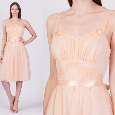 60s Vanity Fair Peach Babydoll Nightie - Small | Vintage Lace Trim Peignoir Midi Slip Dress 