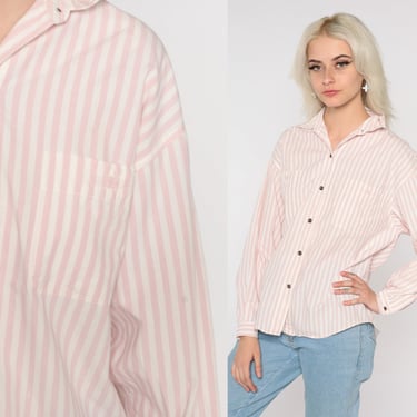 Pastel Striped Shirt 80s Baby Pink Blouse White Candy Stripes Long Sleeve Button Up Collared Boyfriend Shirt Spring Vintage 1980s Medium M 