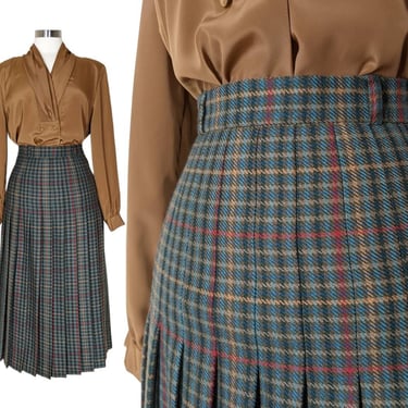 Vintage Pleated Plaid Skirt, Small / 1980s Green Top Stitch Pleated Skirt / Green Hand Woven Wool Skirt / Traditional Irish Tartan Skirt 
