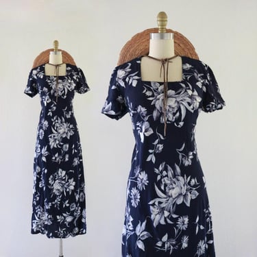 navy floral maxi dress - m - vintage 90s cottage cottagecore dark flower medium blue long rayon minimal dark flowers 