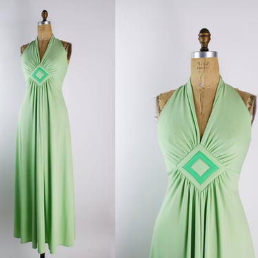 70s Green Maxi Dress / 1970s Disco Dress / Size S/M 