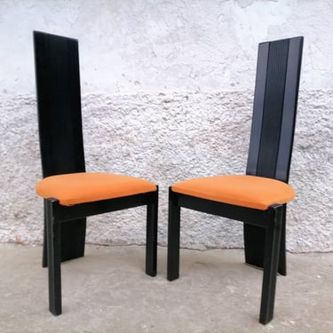 1 of 2 Vintage High Back Chairs/ Post Modern Chairs/ Upholstered Chairs / Black  Lacquer High Back Chairs/ Italian Chairs / Italy / 90s 