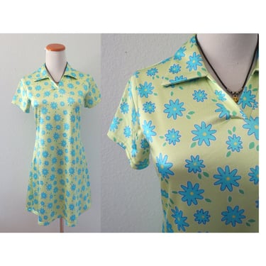 Vintage 90s Mini Dress - Flower Power Daisy Print Shiny Shimmery Dress - Size XS / Small 