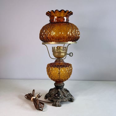 Vintage Fenton Glass Diamond Quilted Amber Parlor Lamp Working Art Nouveau Base 
