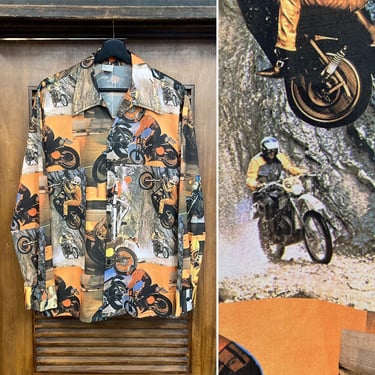 Vintage 1970’s Motorcycle MC Photoprint Disco Pop Art Racing Shirt, 70’s Motor Cross, Vintage Clothing 