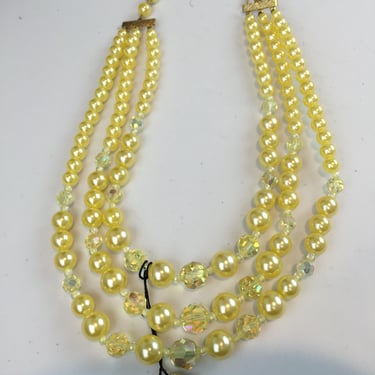 She Never Kept a Secret - Vintage 1950s 1960s NOS Lemon Yellow 3 Strand Pearl Facet Cut Necklace 