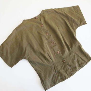 Vintage 90s Linen Blend Olive Green Brown  Top M - 1990s Button Back Earth Tone Minimalist Short Sleeve Blouse 